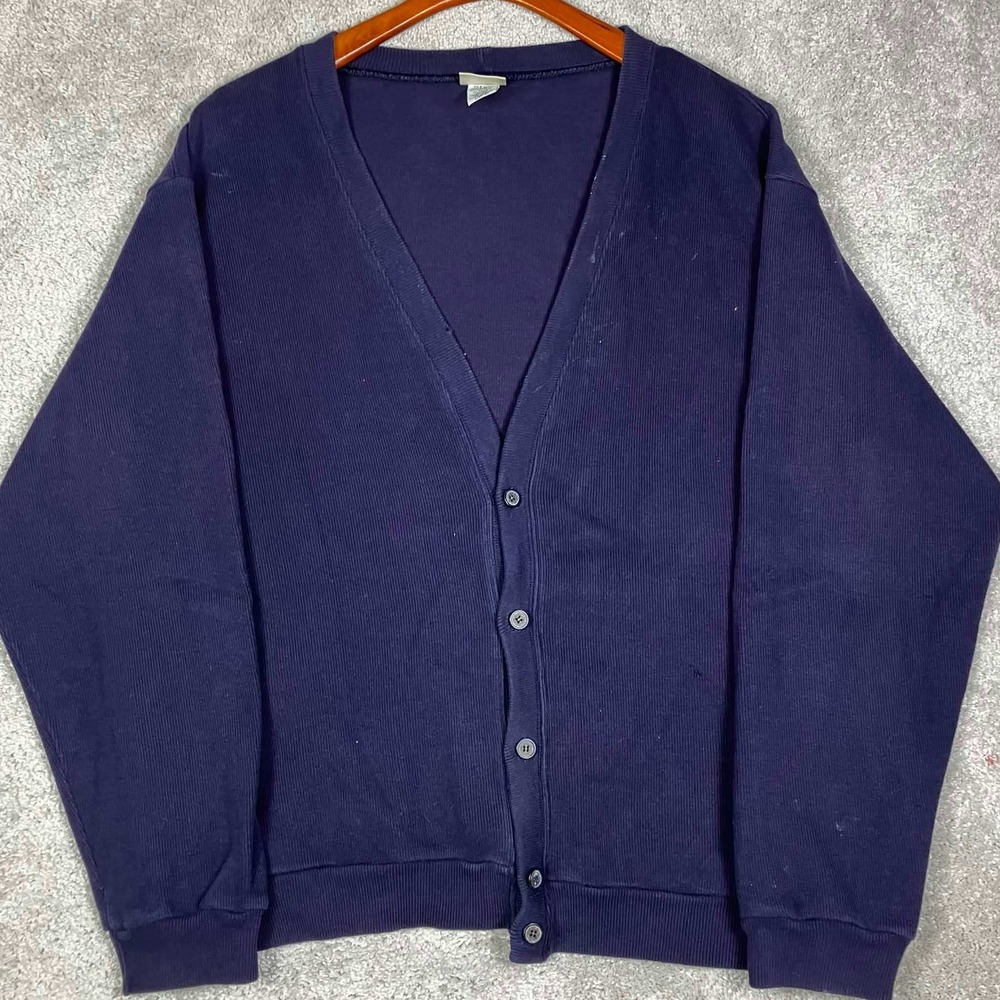 Vintage 90s LL Bean Cardigan Mens M Blue Waffle Knit Button Sweater Made in USA